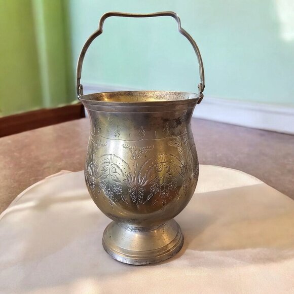 Vintage Etched Silver Plated Deco Bowl Vase With Handle Floral Design Art Nouvea